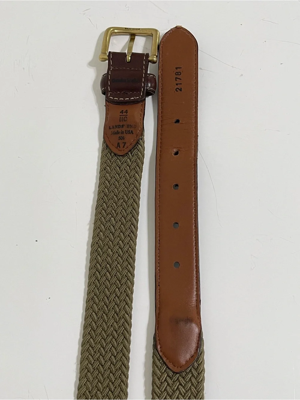 VTG Lands End Olive Green Stretch Belt Leather Trim Solid Brass Buckle Size 44